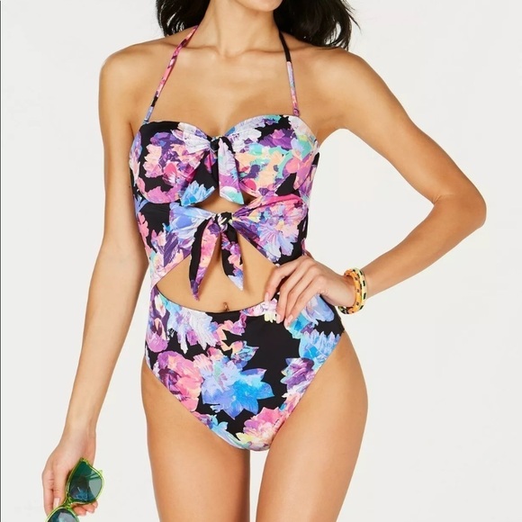 Bar III Tech Floral Printed Tie Front Swimsuit - Picture 1 of 9
